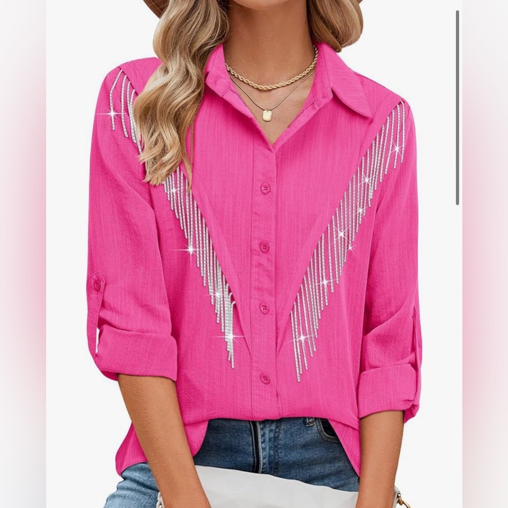 Pink Button-Up Shirt with Rhinestone Detail - Picture 2 of 3